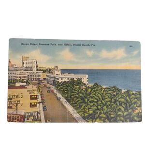 Vintage 1940s MIAMI BEACH Ocean Drive Linen Postcard, WWII Era Military 1944 FL